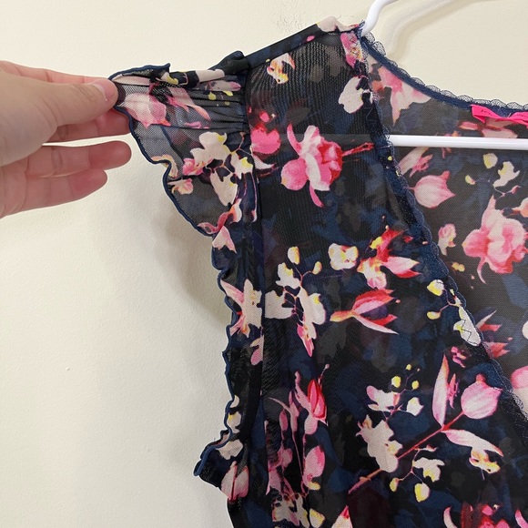 Betsey Johnson Sheer Blue Pink Floral V-Neck Romper Lingerie - Picture 3 of 13